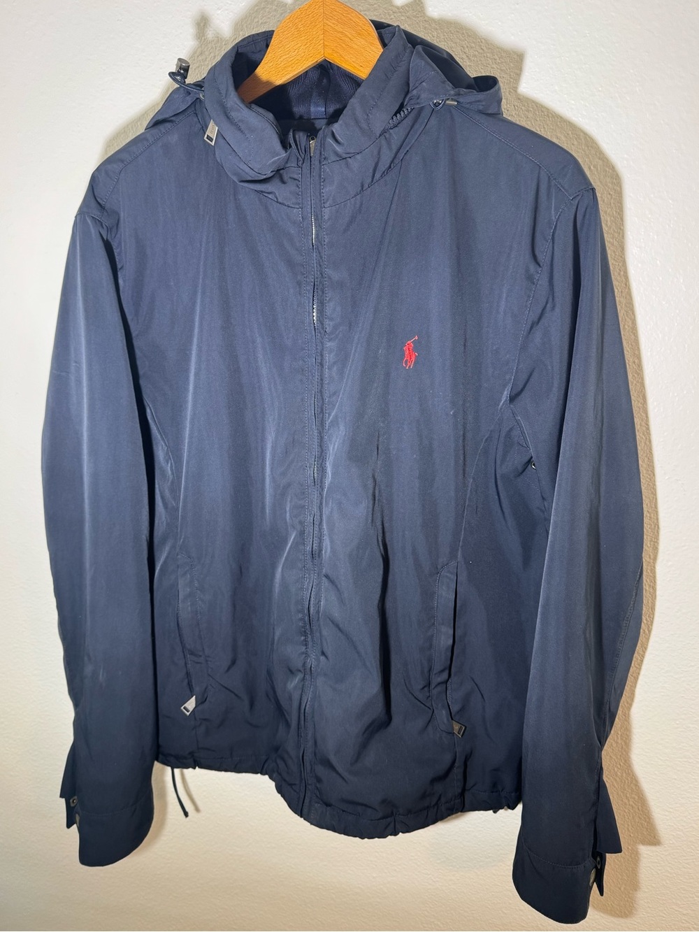 Polo Ralph Lauren Navy Blue Hooded Windbreaker Jacket Mens Medium Red Pony Logo